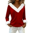 thumbnail image 2 of Long Sleeve Pullover Christmas Tops Womens Loose Long Sleeve V Neck Fur Trim Sweater Tops Wine M, 2 of 7