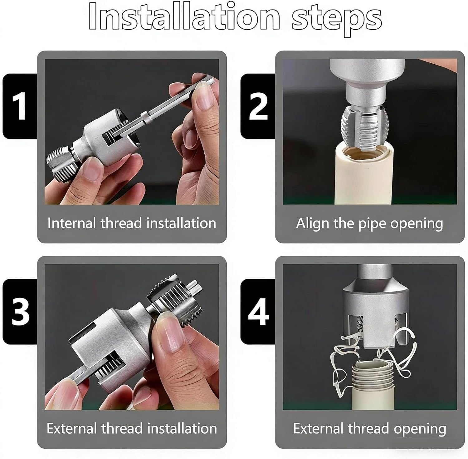 4 In 1 Water Pipe Wrench, 1/2" & 3/4"Internal And External Pipe Threading Tool Set for PVC/Plastic Pipes, Pipe Thread Cutting Tool,Drill Driven Plumbing Repair Set for Water Pipe