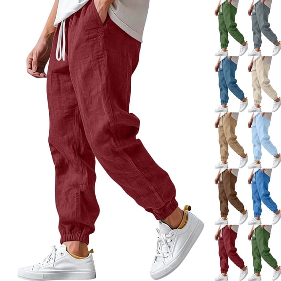 Baggy Linen Pants Men Lightweight Drawstring Casual Harem Pants Comfy Plus Size Cinch Bottom Lounge Pants with Pocket Deep Red L