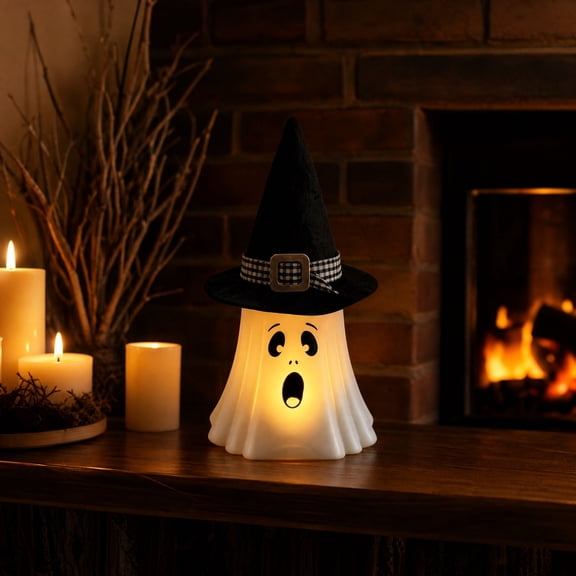 Halloween Light Up Ghost Decor with Witch Hat, Spooky Ghost Decor Set | Set of 1, LED Lights & Remote Control, Timer Function, With Witch Hat, DIY, Lighted Holiday Displays