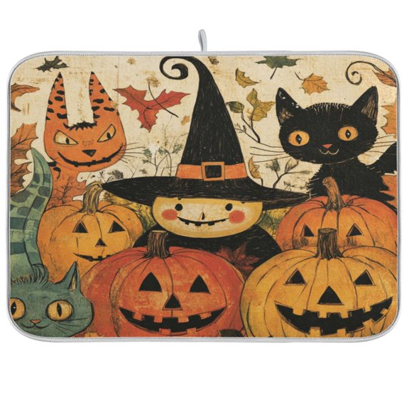 qxltty Pumpkin Witch Kitchen Drying Mat Extremely Absorbent Microfiber Dish Mats for Plates Cutlery Pots and Pans 16×18in