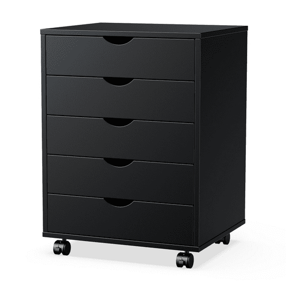 TrumanPick Black Chest of Dresser with Wheels, 5 Drawer Dressers for Bedroom Storage Cabinets Wooden Dresser Mobile Cabinet Room Organizer, 18.7"D x 15.7"W x 25.3"H