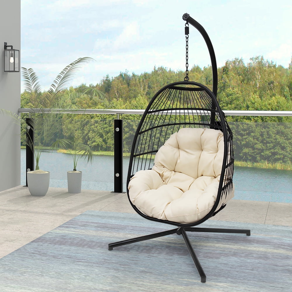 Abble Indoor Outdoor Wicker Hanging Egg Chair with Stand, Foldable Swing Chair with Cushion, Beige