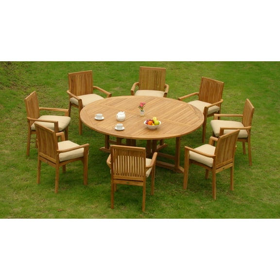 Teak Dining Set:8 Seater 9 Pc -72" Round Table And 8 Lua Stacking Arm Chairs Outdoor Patio Grade-A Teak Wood WholesaleTeak #WMDSLU7