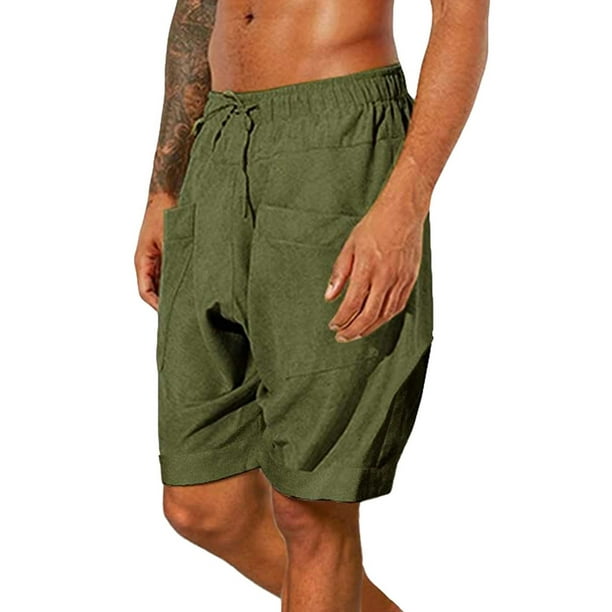 DYMADE Mens Cotton Linen Drawstring Pockets Elastic Waist Casual Shorts