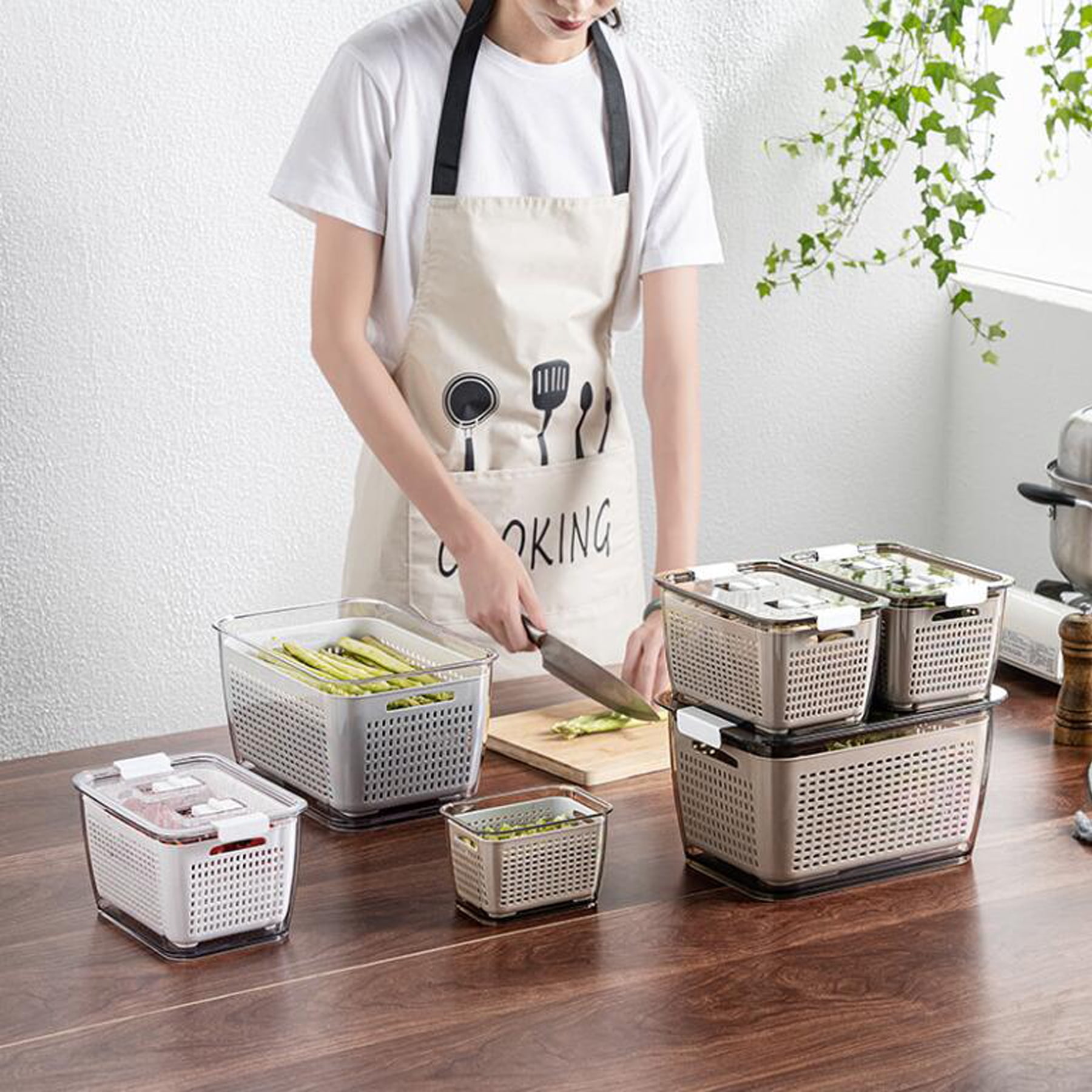 Fresh Container with Vents,3 Pack - Produce Saver Container Vegetable Fruit Partitioned Storage Container Stay Fresh Organizer for Refrigerator, Gray