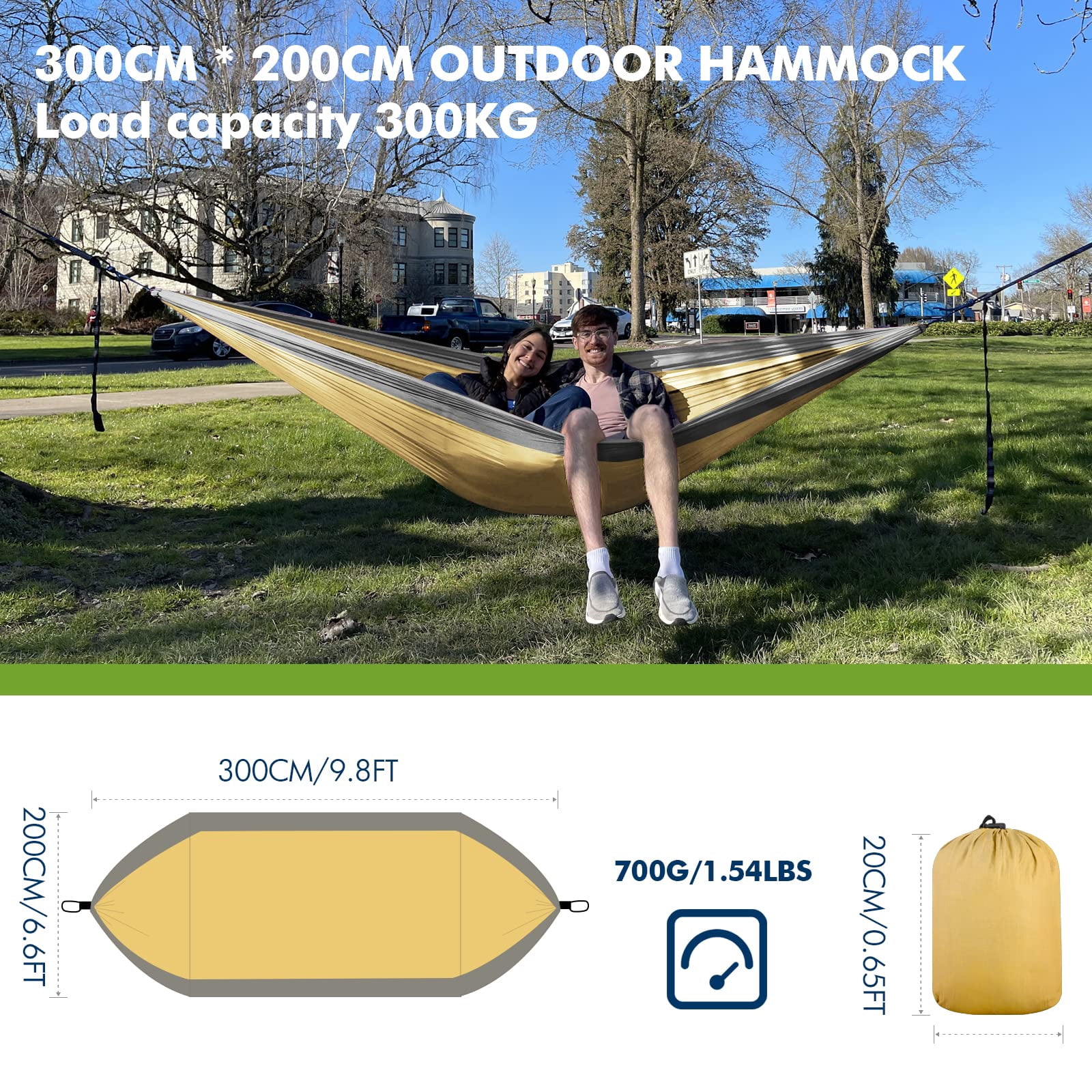 Double Camping Hammock - Outdoor Portable Nylon Hammock with 500lbs Capacity, Perfect for Camping, Hiking, and Travel,Khaki&Gray