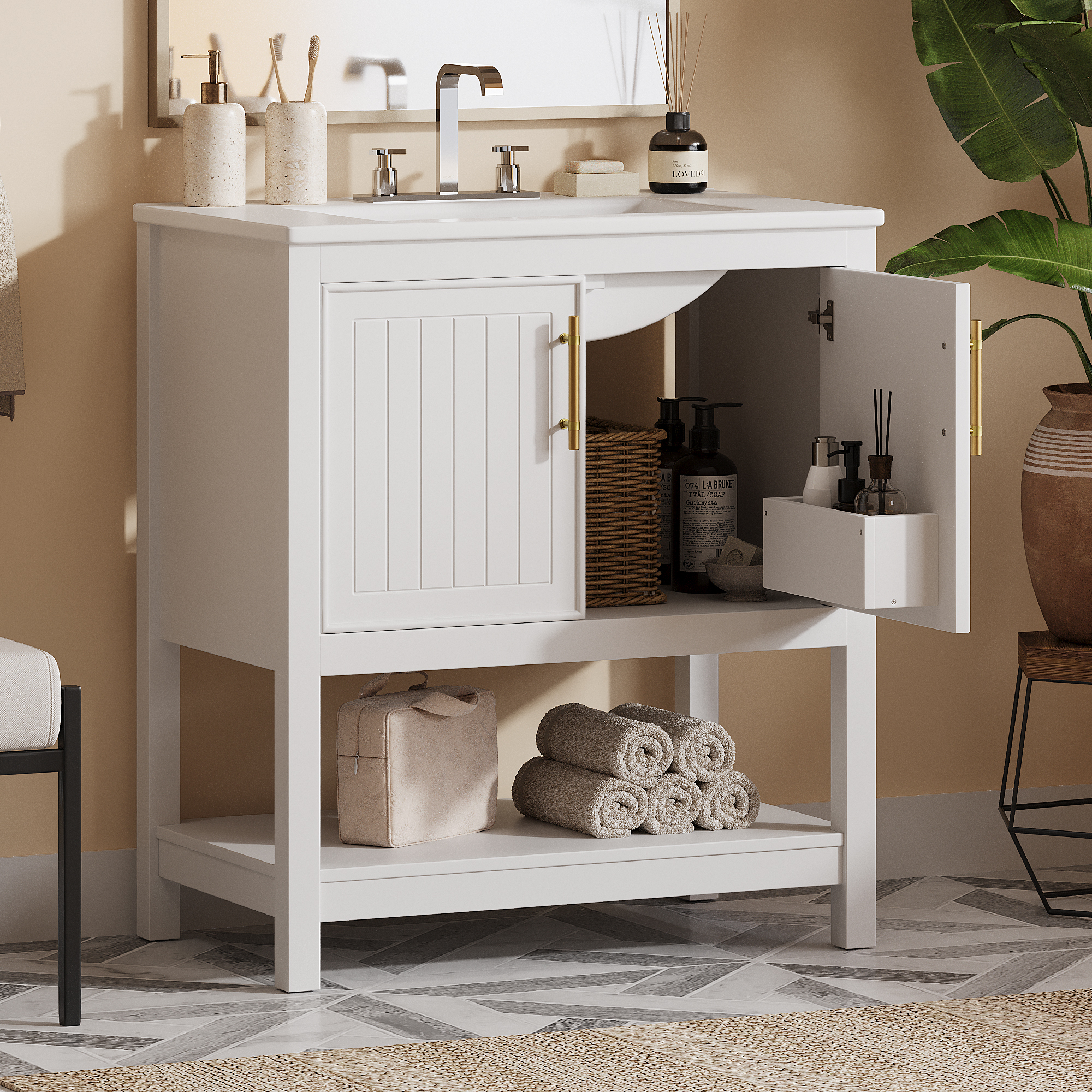 EUROCO 30" Bathroom Vanity with Ceramic Sink,Modern Bathroom Sink Cabinet with Open Shelf,Lager Storage,Solid Wood Frame Bathroom Vanities