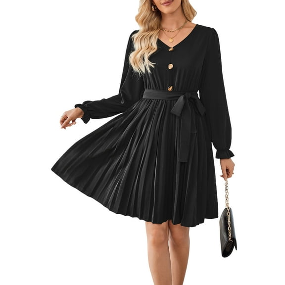 JustVH Women Dresses Belted Bandage Long Sleeve Pleated Dress