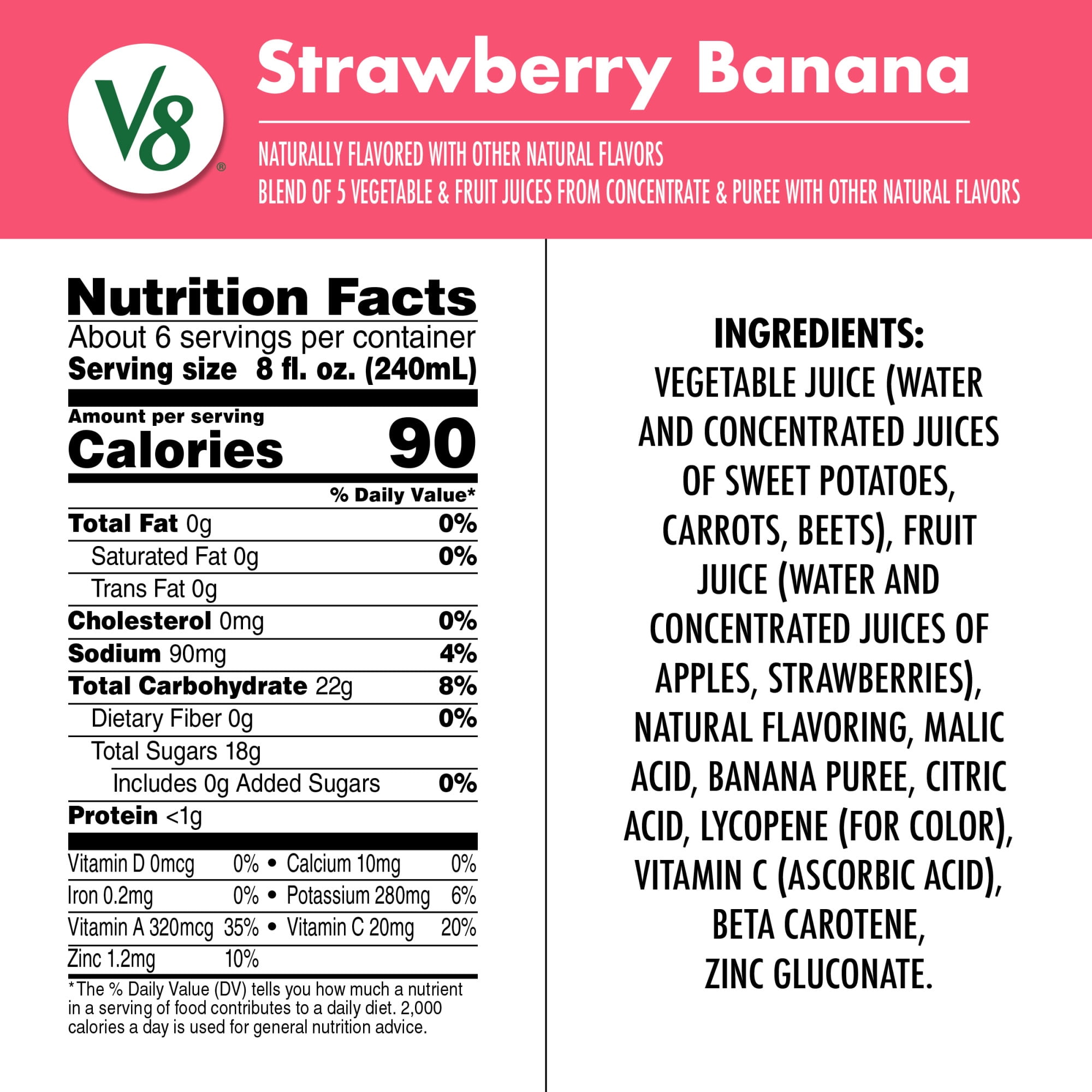 (6 pack) V8 Strawberry Banana 100% Fruit and Vegetable Juice, 46 fl oz Bottle, 6 Count