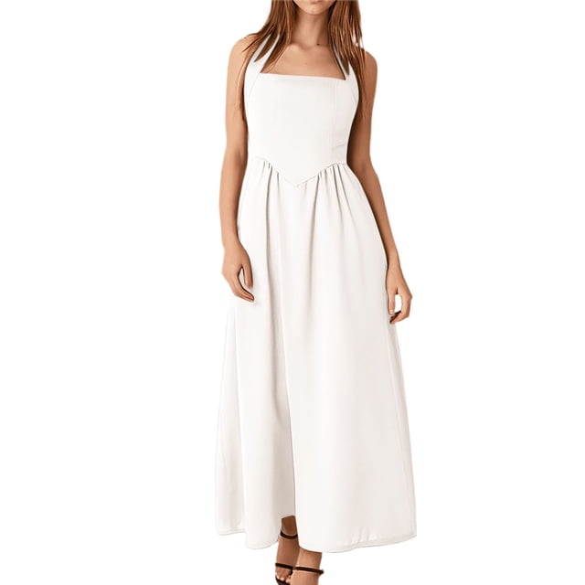 Vestido midi sin mangas de verano para mujer: hombros descubiertos, cintura alta, vuelo, vestido largo de playa, tejido elástico