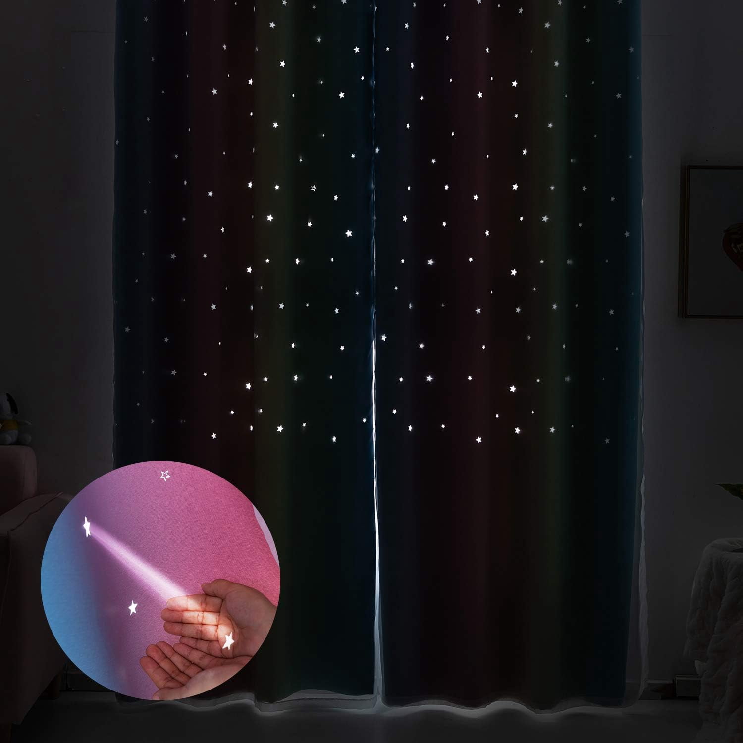 Anjee Stars Blackout Curtains for Girls Bedroom, Grommet Top 2 in 1 Double Layer Rainbow Window Curtains with Sheer, for Kids Nursery Playroom Childcare Room, 52" x 63"