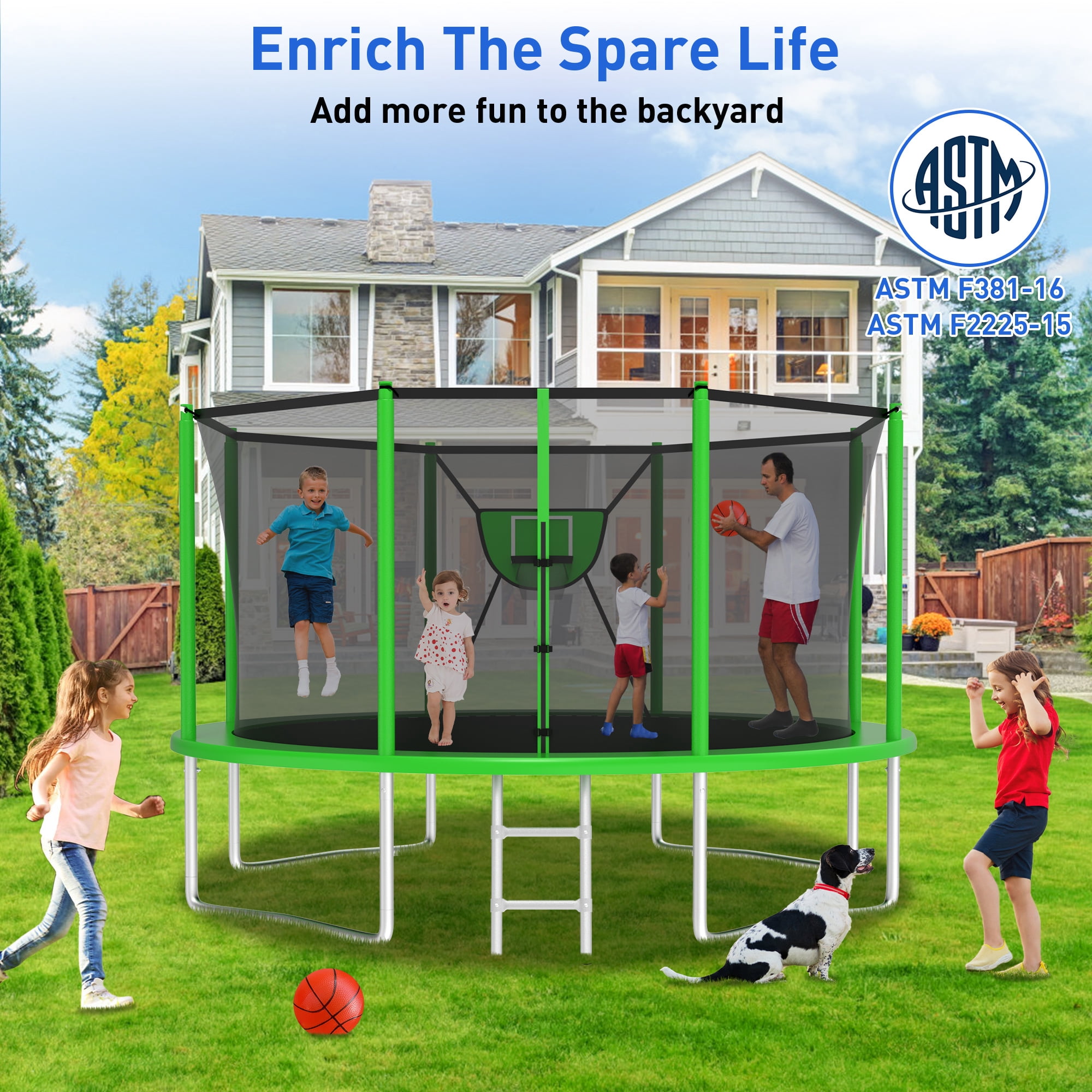 Kacho Trampoline 12FT, 1200LBS Trampoline for Adults Kids, No Gap Desgin Trampoline with Enclosure Net, Basketball Hoop, Ball, Ladder, Outdoor Backyard Trampoline, No Gap Design, Green