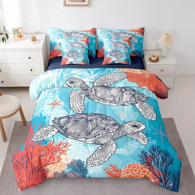 Erosebridal Literie Tortue de Mer Grand Lit, Accessoires de Literie Animaux Marins, Corail Coloré Décoratif, Réversible 7 Pcs