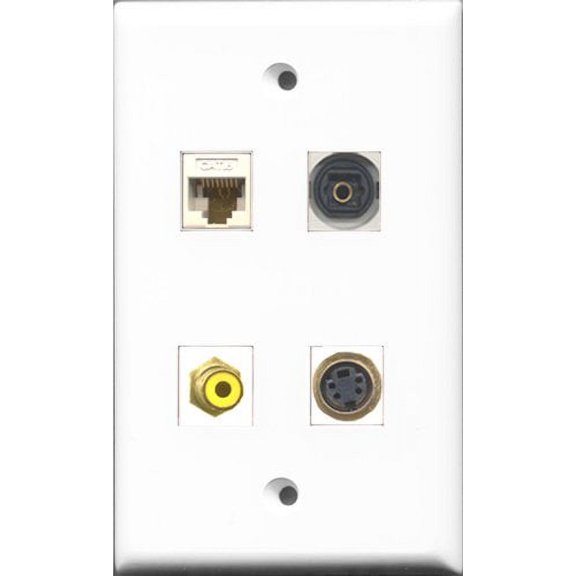 RiteAV 1 Port RCA Yellow and 1 Port S-Video and 1 Port Toslink and 1 Port Cat6 Ethernet White Wall Plate