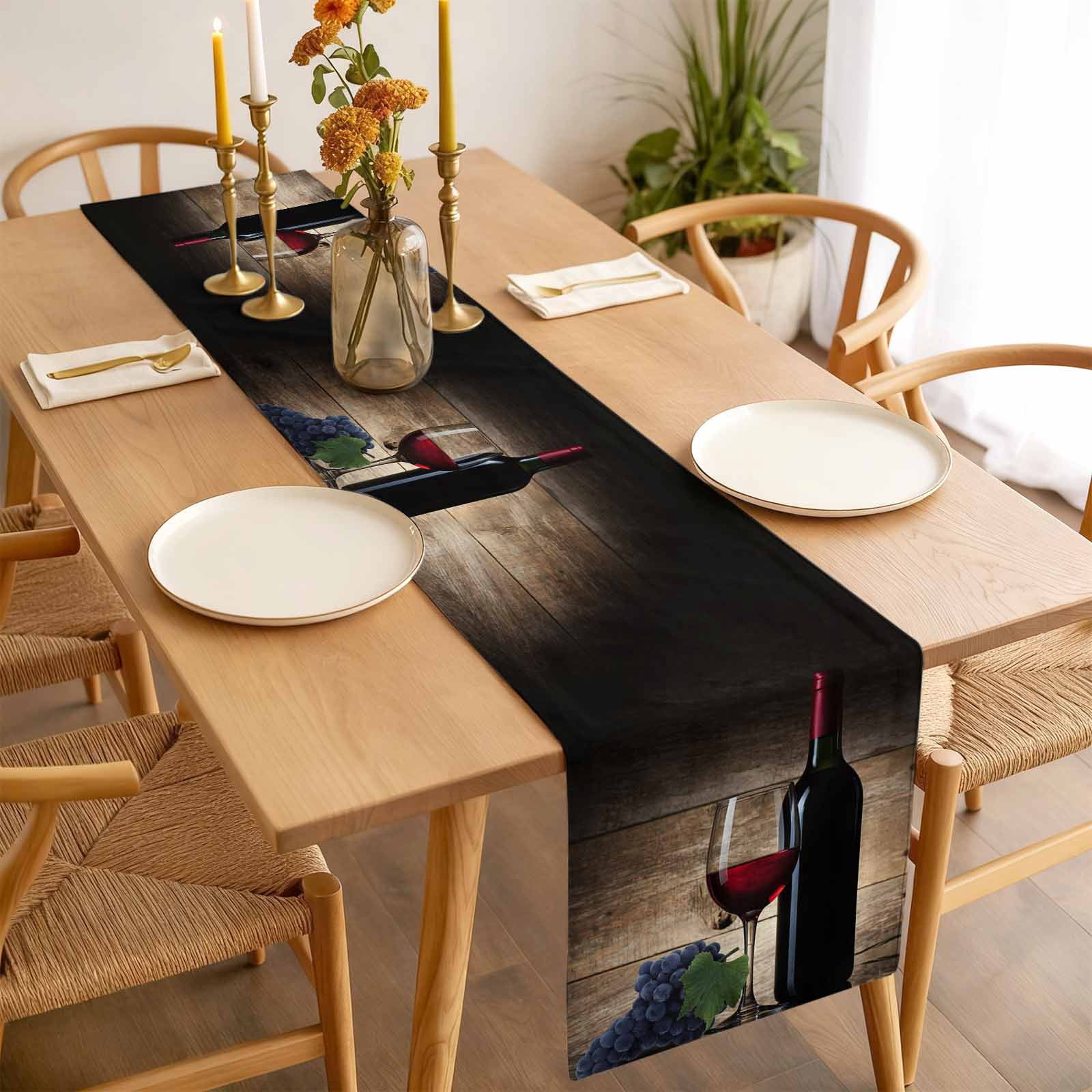Red Wines Table Runner 90 Inches Long Farmhouse Dress Scarves, Grapes Vintage Wooden Grain Farmhouse Dining Tablerunner for Coffee Table/Kitchen Island/Party Décor, 13" x 90"