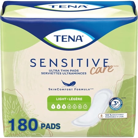 Sensitive Care Ultra Thin Incontinence Pads for Women Light Absorbency Postpartum and Bladder Leaks 180 Count