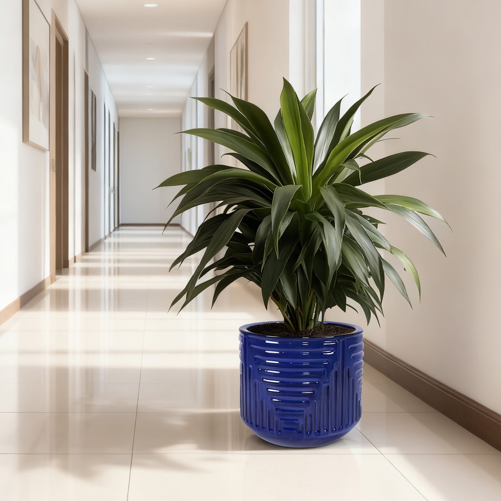 16" Dia Round Planters for Indoor Plants, Large Outdoor Planters with Drainage Holes, Ceramic Plant Pots Indoor & Outdoor for Home Garden Patio - Dark Blue