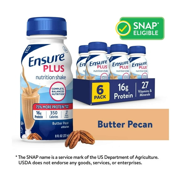 Ensure Plus Meal Replacement Nutrition Shake, Butter Pecan, 16g Protein, 8 fl oz - 6 Pack