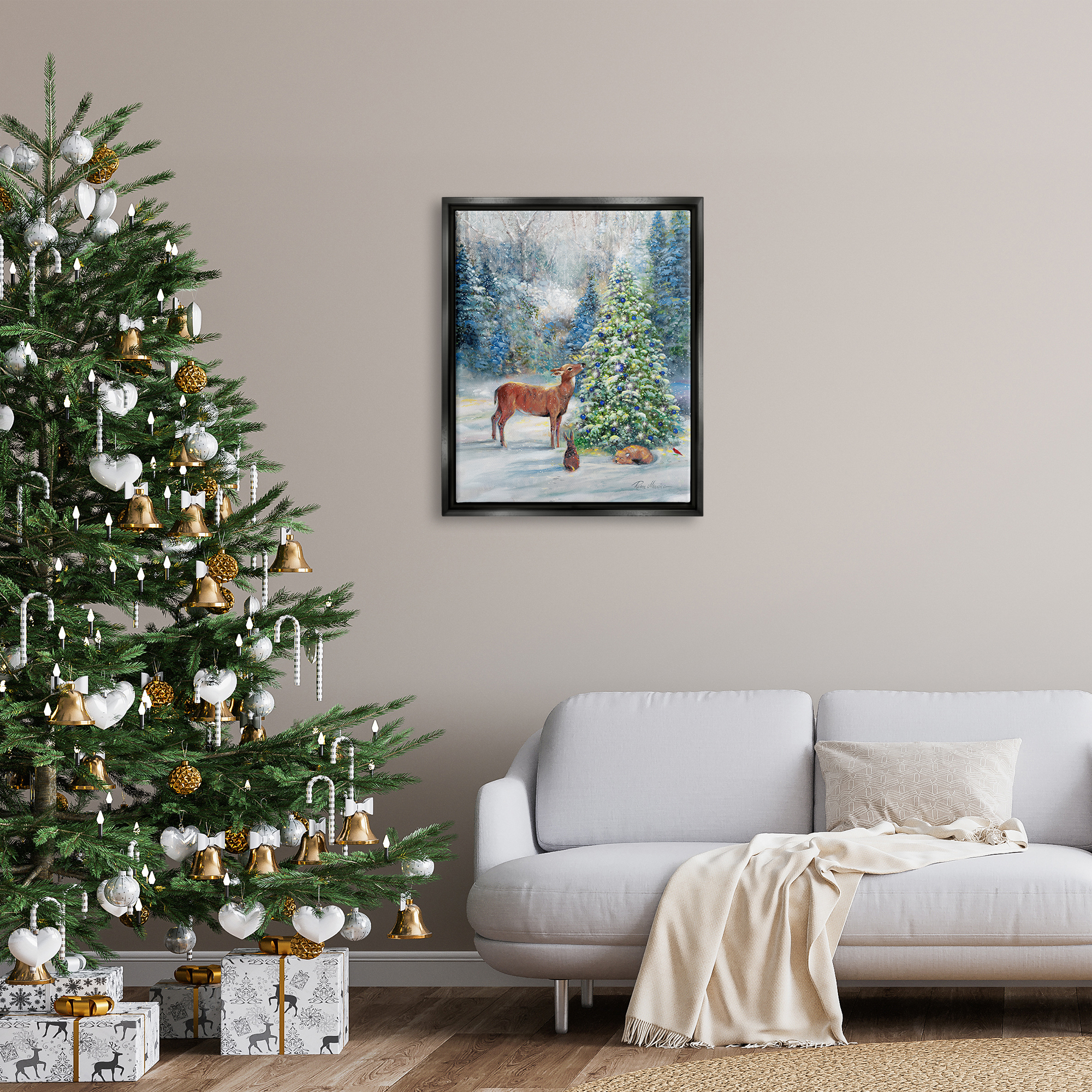 Stupell Industries Winter Woodland Animals Tree Holiday Painting Black Floater Framed Art Print Wall Art