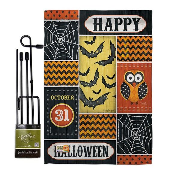 Breeze Decor BD-HO-GS-112060-IP-BO-D-US14-SB 13 x 18.5 in. Halloween Happy Fall Vertical Double Sided Mini Garden Flag Set with Banner Pole