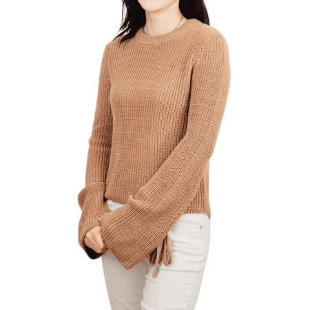 Yemak Women's Long Bell Sleeve with Bow Ties Waffle Knit Sweater Pullover MK8214-COP-M-BD