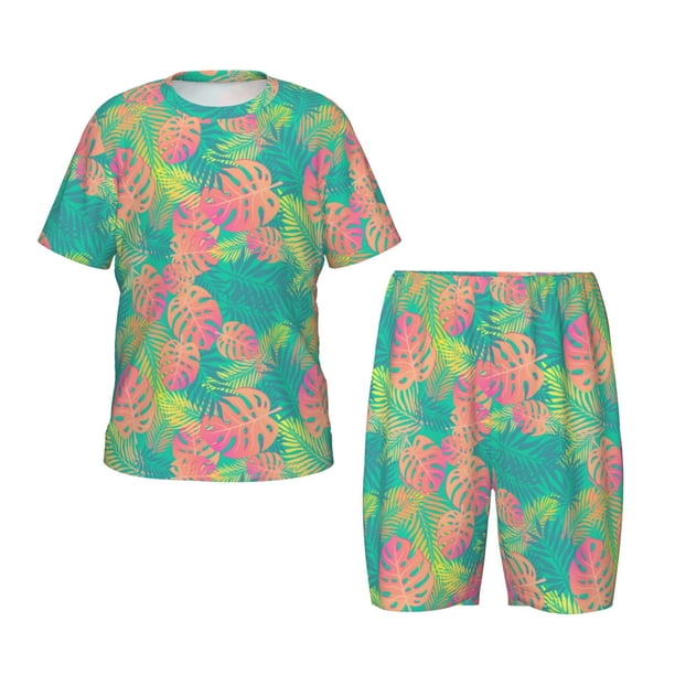 Balery Colorful Palm Leaves Conjunto de Pijama Infantil de Manga Corta con Estampado – Ropa de Dormir de Algodón Suave-Medium