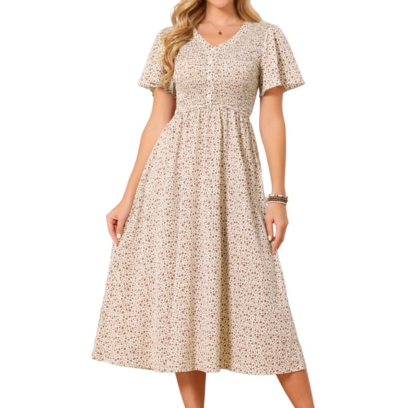 DARING DIVA Women's Floral Midi Flutter Short Sleeve V Neck Smocked A Line Dress S Apricot