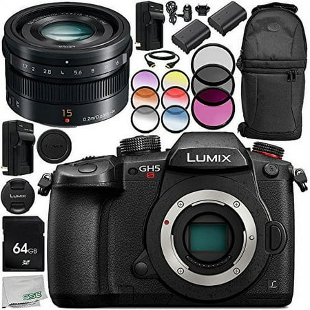 panasonic lumix dc-gh5s mirrorless micro four thirds digital camera with leica dg nocticron 42.5mm f/1.2 asph. power o.i.s. lens 14pc accessory bundle includes 64gb sd memory card + more