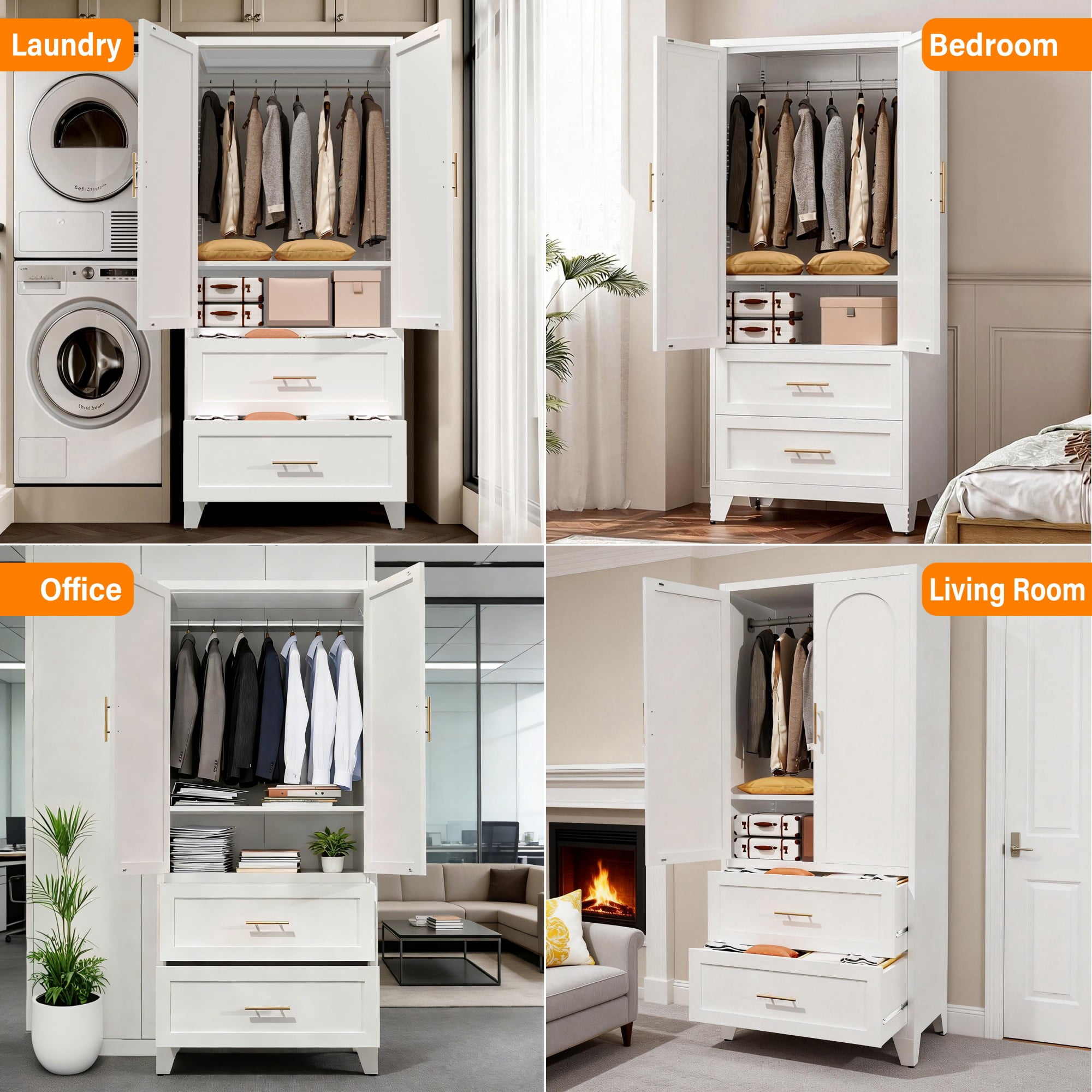 HOQBN 71 Inch Tall Metal Wardrobe Cabinet with 2 Drawers and Hanging Rod,2-Door Steel Wardrobe Closet with Adjustable Shelf for Bedroom,Office,Laundry Room,Entryway,White