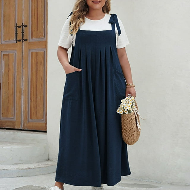 Économies d'Été! RBCKVXZ Robe Salopette à Bavette pour Femmes Ample en Lin Bretelles Ajustables Tablier Robe Maxi avec Poches Bleu TTG