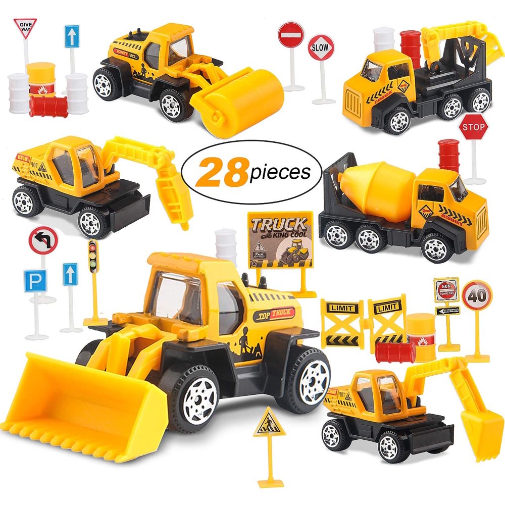 Small Construction Toy Trucks 28 Piece Sandbox Toy Set with 6X Die