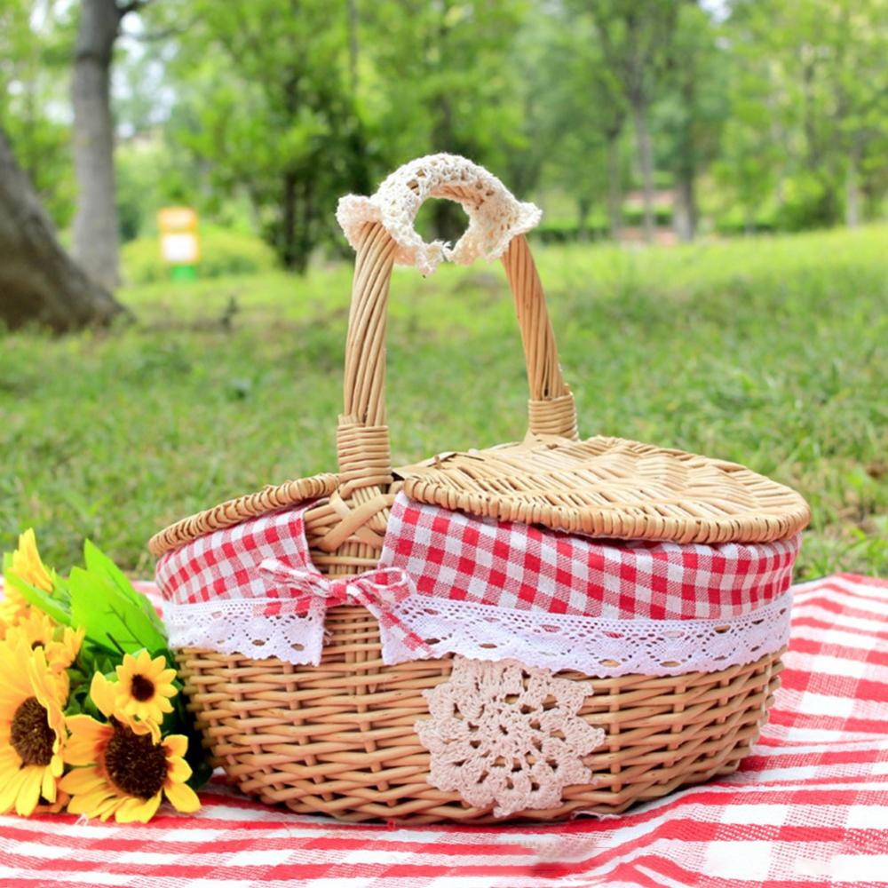 Wicker Picnic Basket With Lid And Handle Sturdy Woven Body For Camping