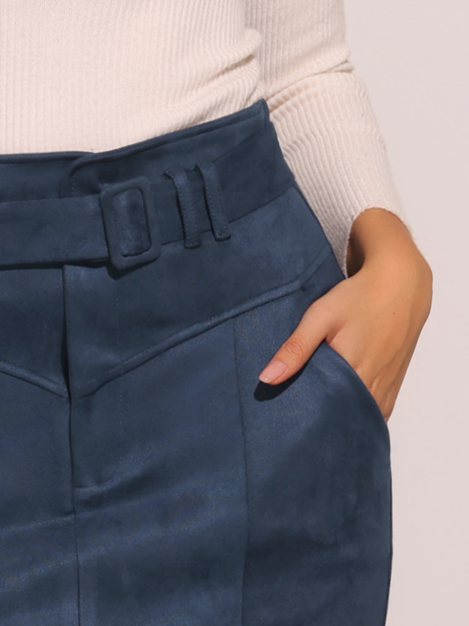 DARING DIVA Women's Faux Suede Skirt Belted Pencil Skirts XS Dark Blue