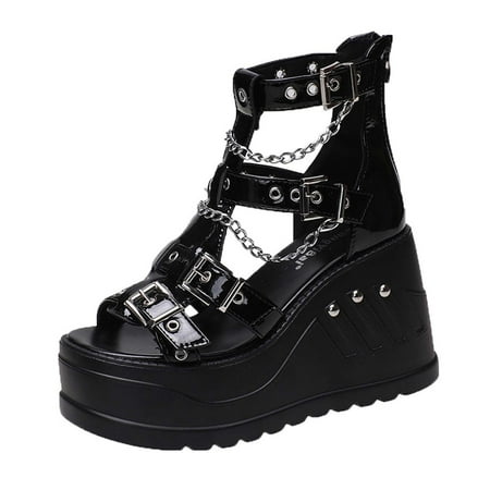 

Hauiodp Platform Sandals for Women Chunky Heel Metal Rings Stunning Gladiator Open Toe Ankle Strap Black Punk Goth Party Sandals