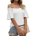 thumbnail image 2 of Womens Tops Shirts Solid Color Summer Casual V Neck Ruffle Short Sleeve Loose Fit Flowy Plain Tees Blouses White M, 2 of 8