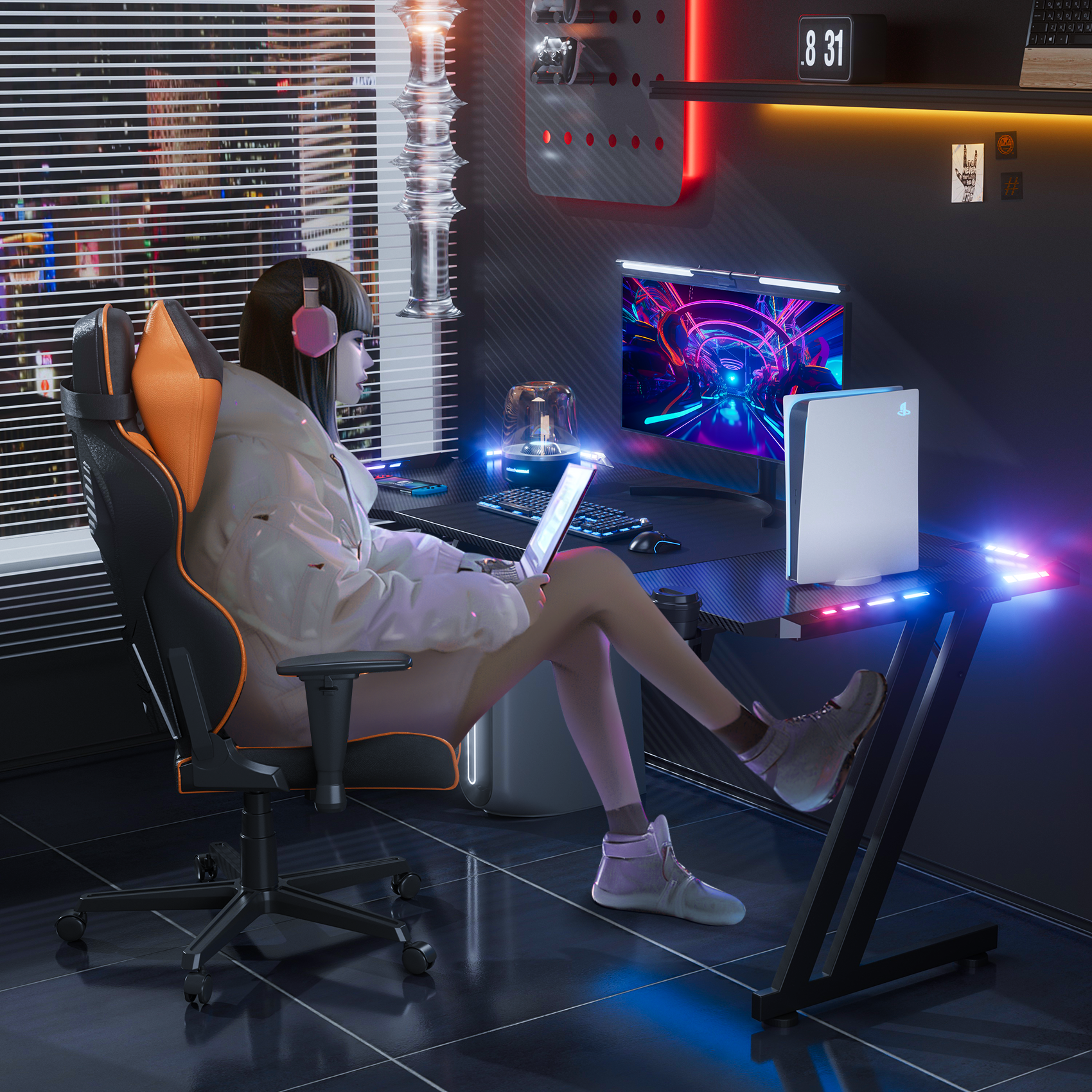 HLDIRECT 47" Gaming Desk with LED Lights, Black photo 5