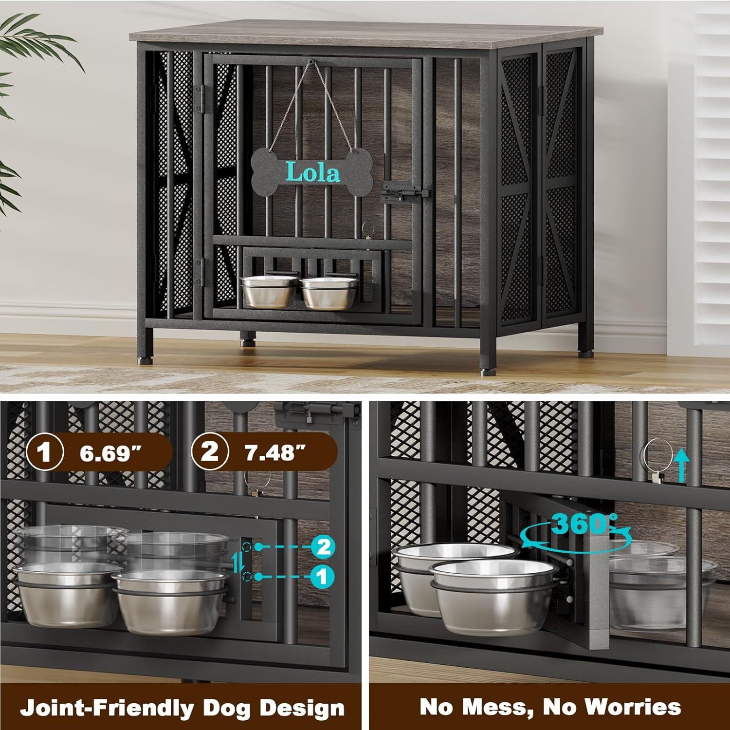 POAO 31.5"Assembly-Free Dog Crate Furniture for Small Dog, Foldable Dog Kennel Indoor with Tag &Adjustable Dog Bowls, Wooden Dog Cage,End Table