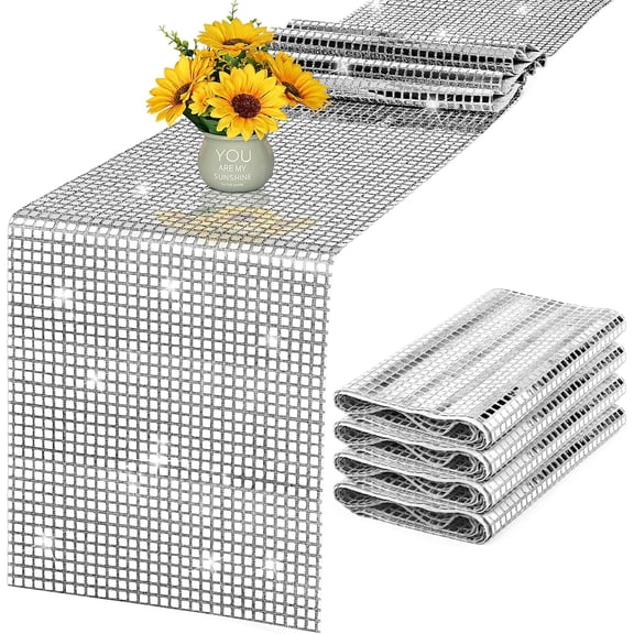 4 Pack Disco Party Table Runner 11 x 108 Inch Mirror Silver Glitter Foil with Sparkle Sequin Table Runner for Bachelorette 70s 80s Party Home Table Decorations