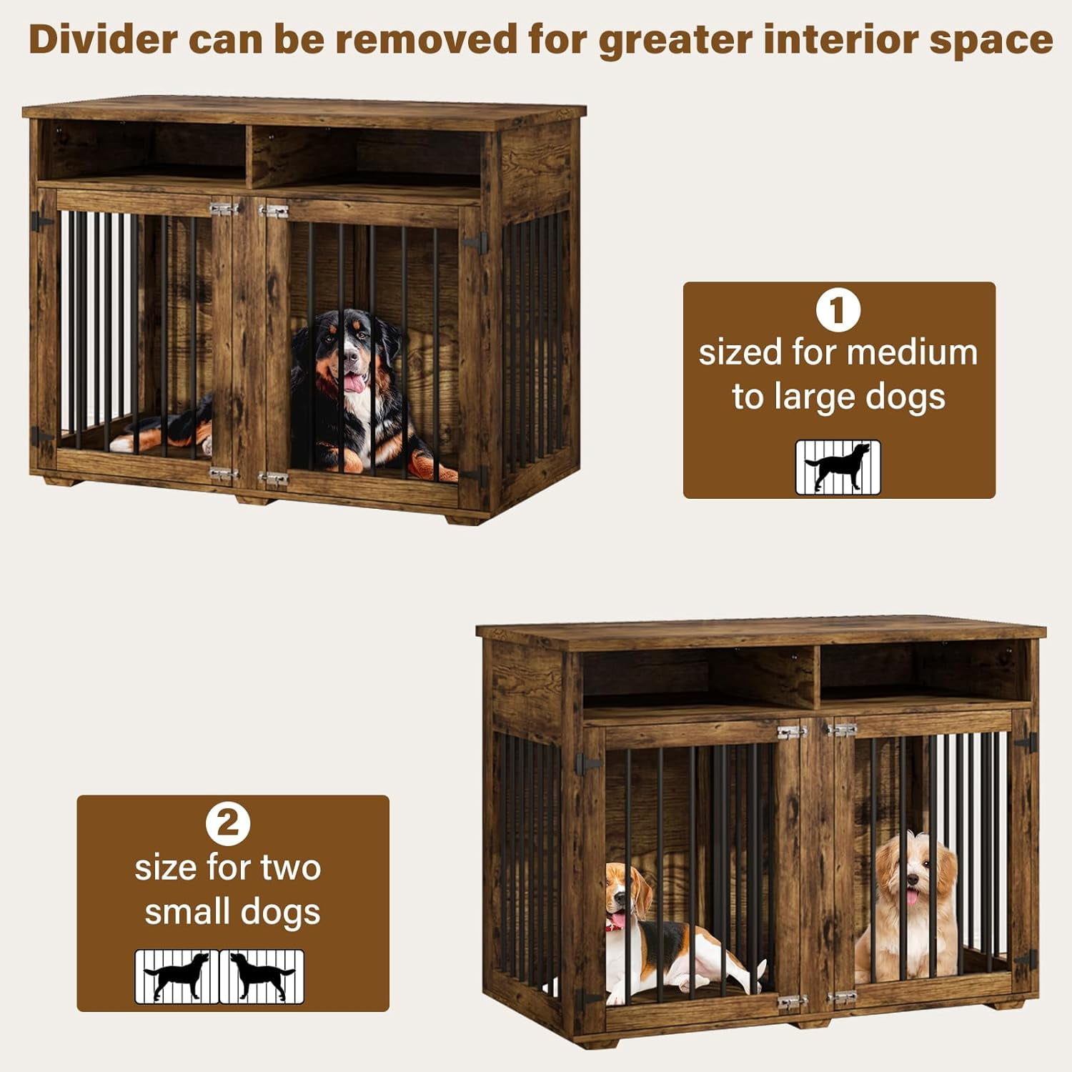 DreamCurship 41 Inch Dog Crate Furniture, 2-Door Wooden Dog Crate Kennel Furniture with Divider, Indoor Dogs Kennel for Small to Medium, Wash Gray