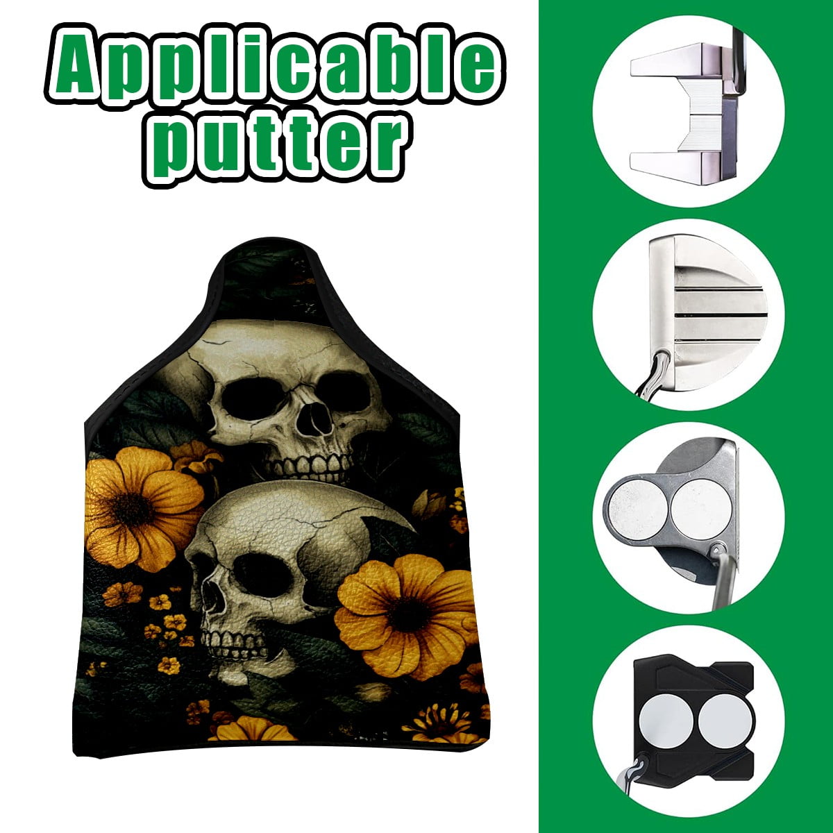 Golf Mallet Putter Cover Premium Leather Waterproof Golf Putter Head Cover with Magnetic Closure Yellow Flowers And Skulls