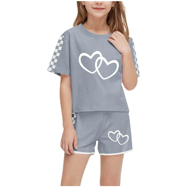 IFNWSV Ensembles d'Été pour Filles Mode Décontractée Manches Courtes Col Rond Col Bouton Imprimé Ensembles de Shorts 5 Ans