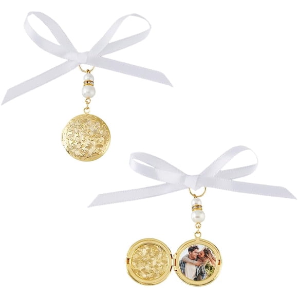 2PCS Bride Flower Charms Golden Bouquet Photo Charms Round Locket for Bouquet 6.5cm Long Memorial Photos Pendants Brass Personalised Photo Charm with Ribbon