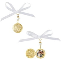 2PCS Bride Flower Charms Golden Bouquet Photo Charms Round Locket for Bouquet 6.5cm Long Memorial Photos Pendants Brass Personalised Photo Charm with Ribbon