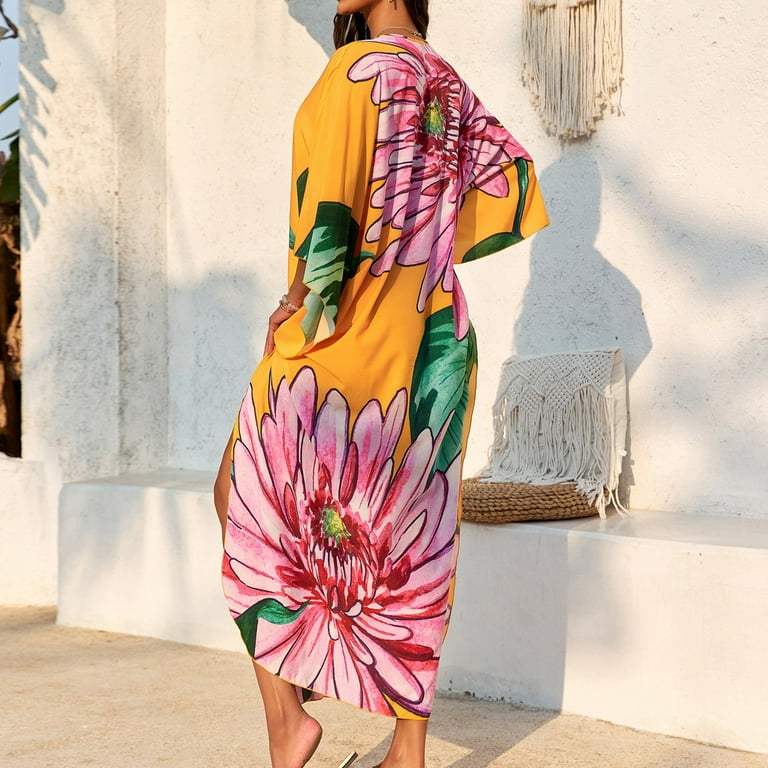 Wulmleo Kaftan Dresses for Women V Neck Batwing Sleeve Moomoo Nightgowns for Swimwear Plus Size Colorful Dresses Yellow One Size, Women's Wulmleo Kaftan Dresses for Women V Neck Batwing Sleeve Moomoo Nightgowns for Swimwear Plus Size Colorful Dresses Yellow One Size, Women's
