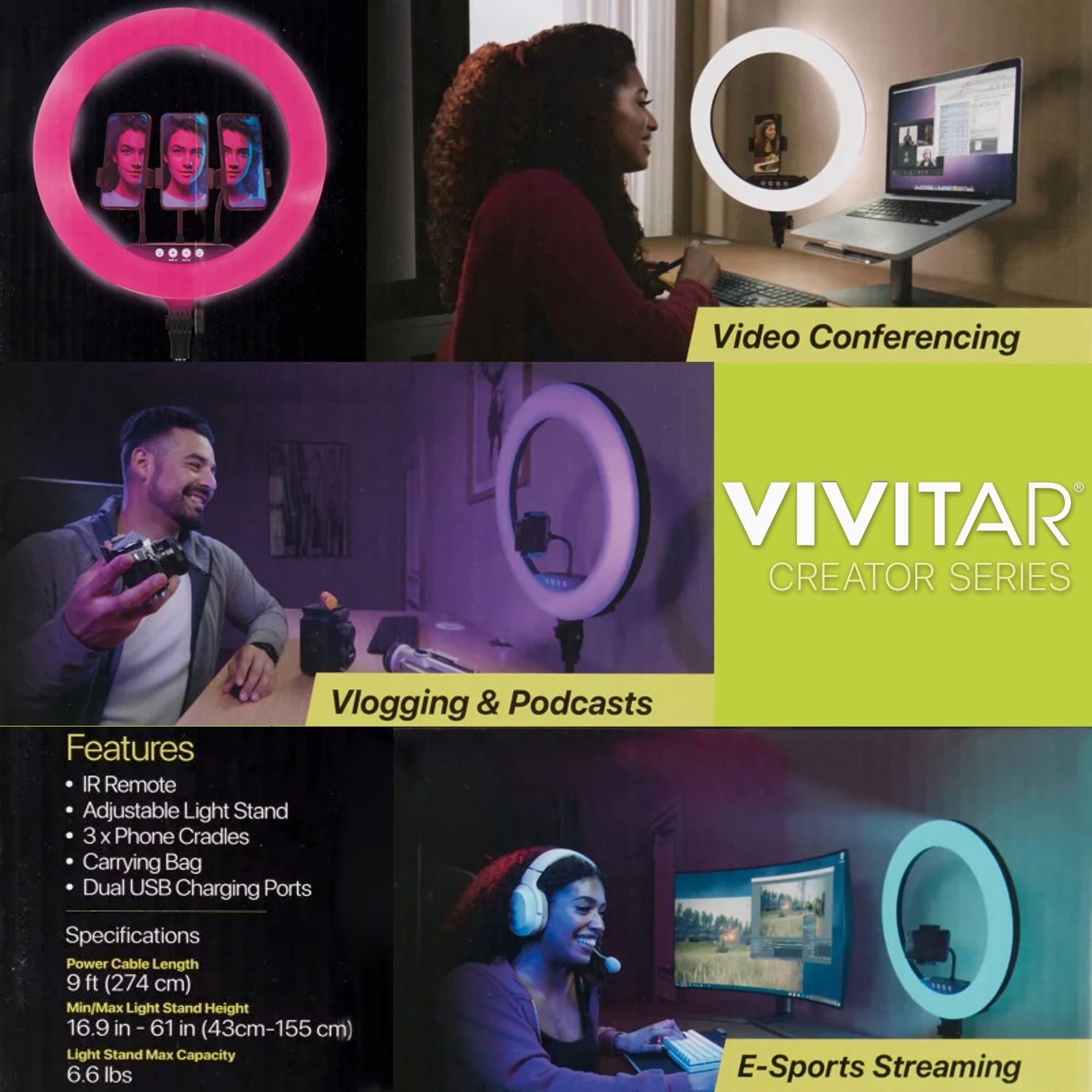 Vivitar 18" LED RGB Ring Light with Tripod, Phone Holder USB Charging Ports, and Wireless Remote - image 4 of 13
