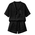 thumbnail image 4 of XFeng Linen Shorts Sets Women 10 Piece V Neck Breathable Loose Fit Outfits Summer Lounge Sets for Travel Beach Vacation,Black,S, 4 of 4