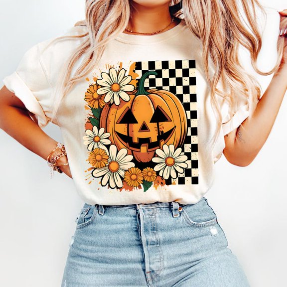 Retro Floral Pumpkin T-Shirt, Vintage Halloween Aesthetic, Preppy Women's Halloween Shirt, Boho Halloween Graphic Tee