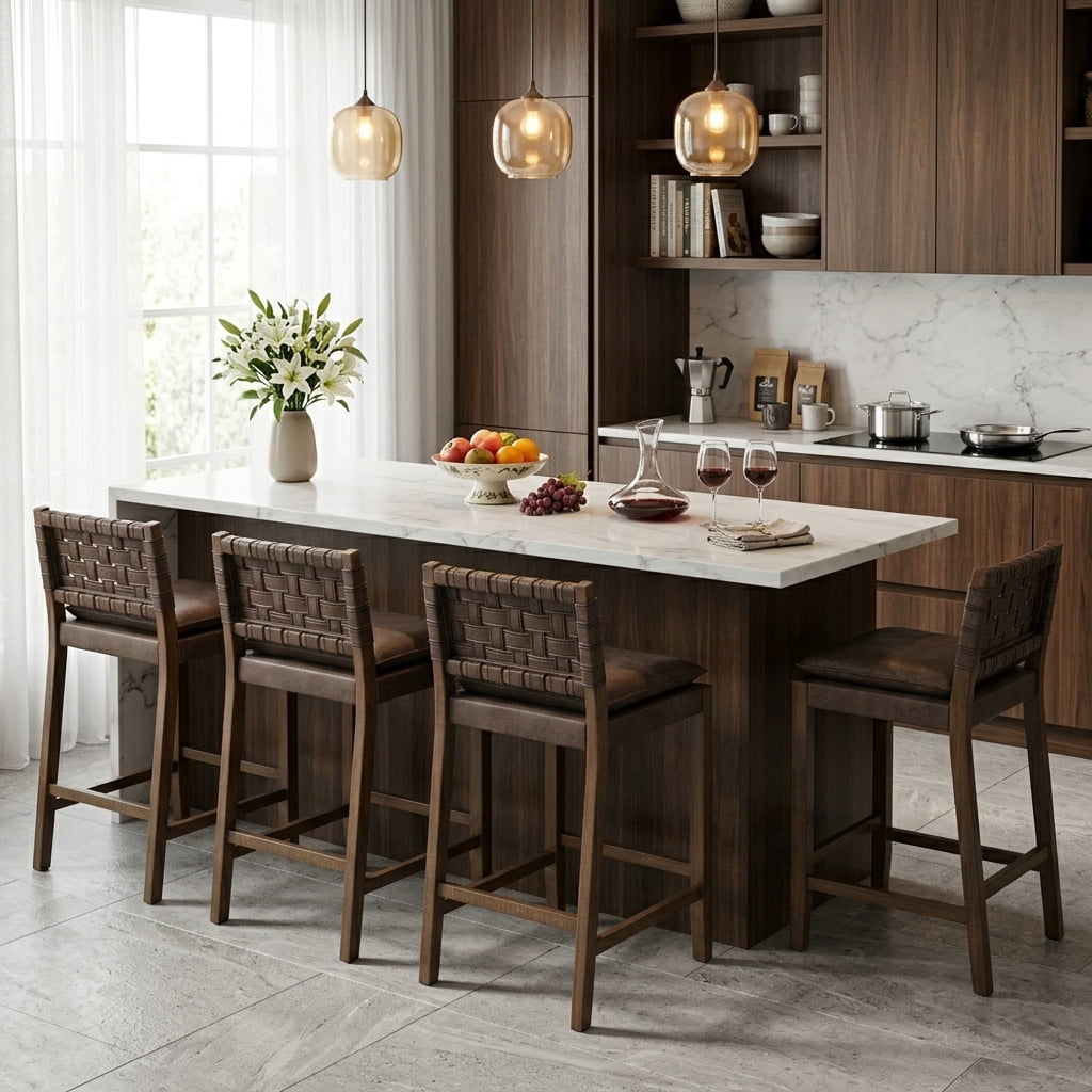 Guyou 26" Rattan Bar Stools Set of 4, Farmhouse Woven Wooden Counter Height Stools with Footrest, Leather Upholstered Bar Chairs for Kitchen Island, Pub & Bar, Brown