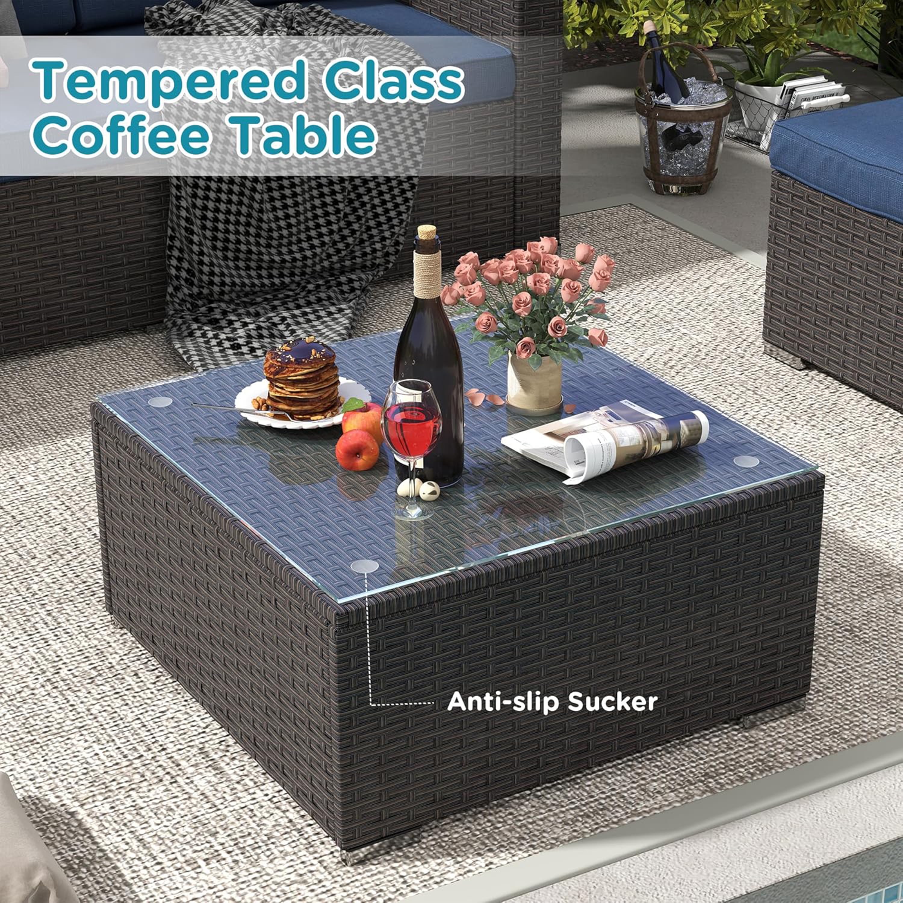 Furnibear 7 Pieces Outdoor Patio Sectional Sofa Couch, Black Wicker Patio Furniture Conversation Sets with Washable Cushions & Glass Coffee Table for Garden, Poolside, Backyard